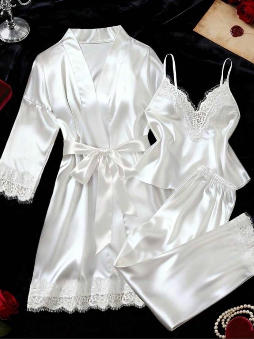 SHEIN White Satin Lace 3-Piece Robe & Pajama Set with Slippers. Slippers size9.5
